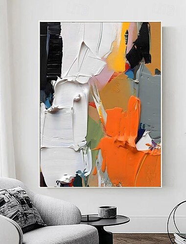  tela pintada à mão texturizada embrulhada pintura a óleo arte de parede laranja branco preto pintura abstrata em tela arte moderna pintura a óleo à mão moldura interior de casa pronta para pendurar