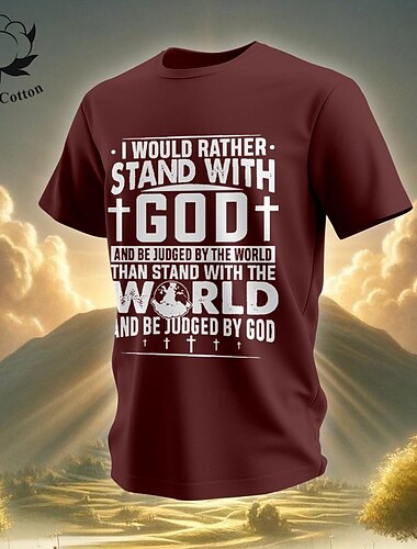  男性用 メッセージ 十字架 レタープリント Tシャツ ティートップ コットン１００％ 半袖 グラフィック シャツ ワインレッド #2 ブラック アーミーグリーン 快適なTシャツ ストリート スポーツ・アウトドア ファッションデザイナーの衣類