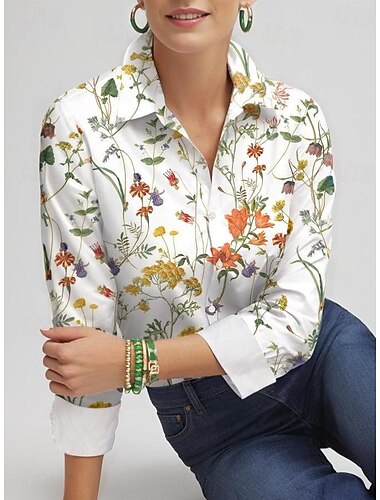  Dames Shirt Lange Mouw Button Down Blouse Mode Streetwear Bloem Knopen Print Regular Tops Shirt Kraag Casual Vakantie Wit Lente  Herfst