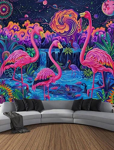  Schwarzlicht Wandteppich UV reaktiv im Dunkeln leuchtend Party Neon Flamingo Tier psychedelisch trippig neblig hängender Wandteppich Wandbild für Wohnzimmer Schlafzimmer