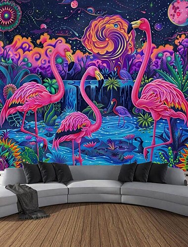  flamingo blacklight billedvev uv reaktiv glød i mørket trippy tåkete dyr hengende billedvev veggkunst veggmaleri for stue soverom