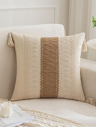  Throw Pillow Covers with Tassels for Farmhouse Living Room, Cotton & Burlap Textured Striped Woven Boho Pillow Covers (Beige & Brown, Single Striped)