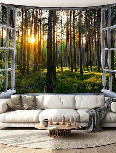  fönster skog utsikt hängande gobeläng väggkonst stor gobeläng väggmålning dekor fotografi bakgrund filt gardin hem sovrum vardagsrum dekoration