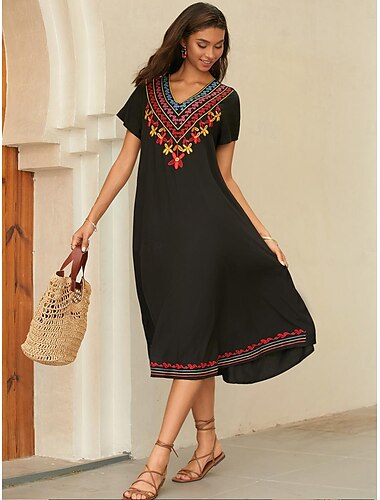  女性用 刺繍 黒いドレス ミディドレス フラワー Ｖネック 半袖 夏 春 ブラック