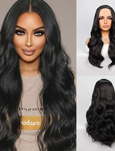  Syntetická krajková paruka Vlnitá Styl 24 inch Přírodní Střední část 13x4x1 T část krajka přední Paruka Dámské Paruka Černá