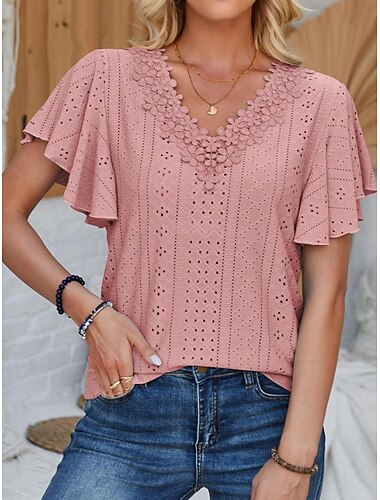  Dames Pointelle shirt Oogje top Kanten overhemd Kant Korte mouw Flutter mouw Strakke ronde hals Casual Dagelijks Strand blauw Zwart Wit Blozend Roze Zomer