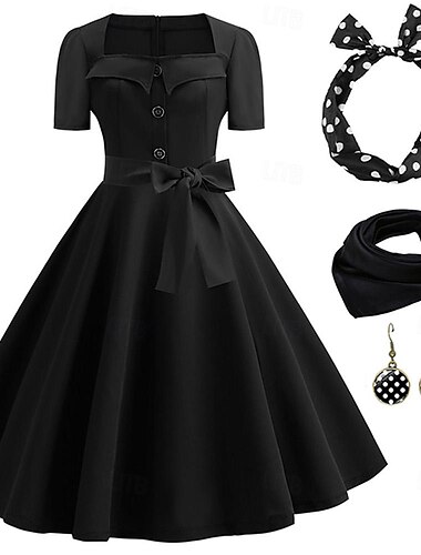  Damen A-Linie Rockabilly-Kleid Polka Dots Swing-Kleid Schlagkleid mit Zubehör-Set 1950er 60er Jahre Retro Vintage mit Stirnband Chiffon-Schal Ohrringe Katzenbrille Sonnenbrille 6-tlg