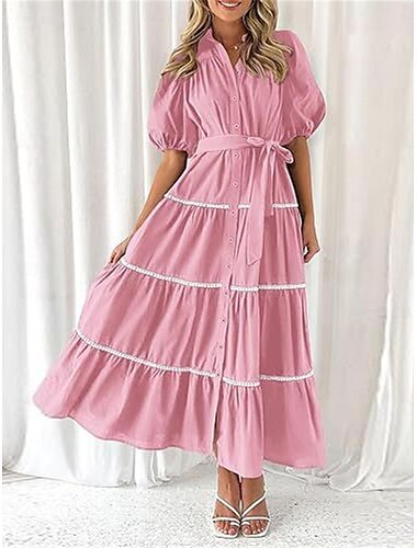  Damen Weißes Kleid Maxidress mit Schnürung Taste Verabredung Urlaub Strassenmode Maxi Hemdkragen Halbe Ärmel Schwarz Weiß Rosa Farbe