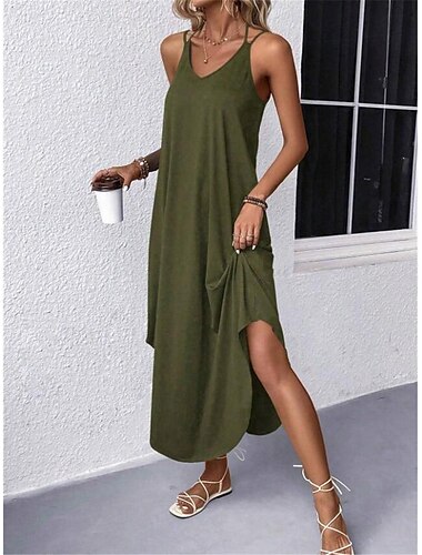  Damen schwarzes kleid Maxidress Rückenfrei Gespleisst Urlaub Strassenmode Maxi Gurt Ärmellos Schwarz Wein Marineblau Farbe