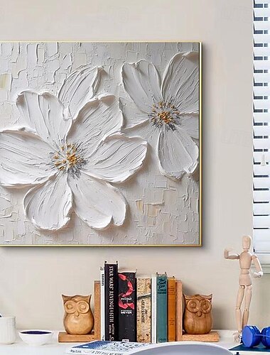  abstraktes, dickes Ölgemälde mit weißer Blume, modern, 100 % handgefertigt, weiße Leinwand, Gemälde, Wandkunst für Wohnzimmer, rahmenloses Dekor, gespannter Rahmen, fertig zum Aufhängen oder ungerahmt
