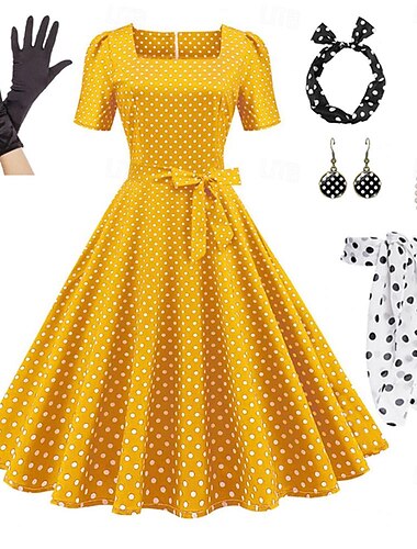  Retro Vintage 1950er Rockabilly Reifrock Krinoline A-Linie Kleid Tutu Tupfen Damen Party / Abend Maskerade Junggesellinnenabschiedsparty Erwachsene Kleid Handschuhe Ohrringe Frühling & Sommer