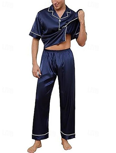  Hombre Pijama Conjunto pijama Top y pantalón de pijama 1 juego Plano Moda Elegante Clásico Hogar Diario Cama Poliéster Comodidad Transpirable Suave Diseño Manga Corta Camisa Pantalón Botón Cintura