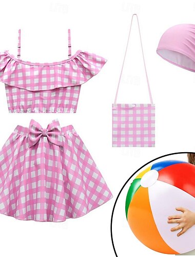  Mädchen Badeanzug mit Strandball, rosa, Kappe, Kinderbadeanzug, hochelastische Hosenträger, zweiteiliges Set