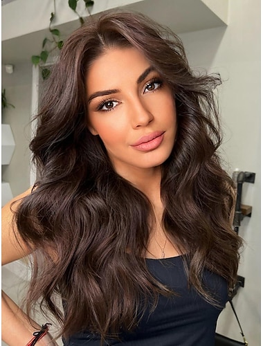  Wigs with Curtain Bangs for Women Long Wavy Women's Charming Synthetic Wigs with Bangs Natural Wavy Chocolate Brown Wigs Medium Length Wig Heat Resistant Hair for Daily Party Use
