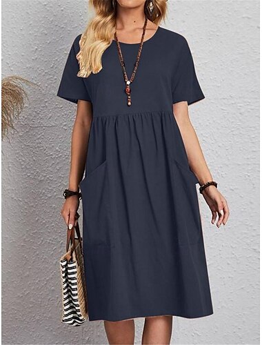  Damen Rosa Marineblau Braun Sommer Frühling Midikleid Leinen-inspirierte Kleider Baumwoll-Leinenkleid A Linie Kleid Lässig Täglich Wochenende Lässiger Schnitt Einfach Rundhalsausschnitt