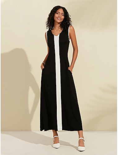  Women's Black Maxi Dress Modal Color Block Sleeveless V Neck A Line Knit Elegant Dress
