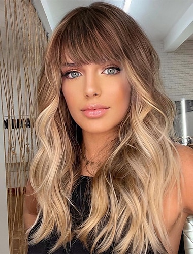  Blonde Wig with Bangs Blonde Brown Wavy Wigs for Women,Shoulder Length Curly Synthetic Hair Wig for Party Daily Use 18 inch