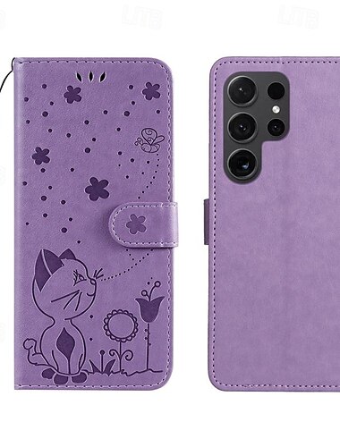  telefon fodral Till Samsung Galaxy S24 S23 S22 S21 S20 Ultra Plus FE A54 A34 A14 Notera 20 10 S25 Ultra Plånboksfodral Magnet Helkroppsskydd med handledsrem Katt Bi TPU PU läder