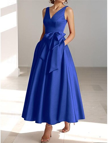  Strandhochzeit A-Linie Cocktailkleider Elegantes Kleid Hochzeitsgast Kentucky Derby Tee-Länge Ärmellos V-Ausschnitt Tasche Satin mit Schleife(n) Derby-Kleider 2025