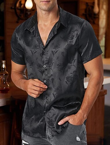  Herren Hemd Satinhemd Sommerhemd Lässiges Hemd Knopfhemd Glatt Hochzeit Urlaub Schwarz Wein Grün Kurzarm Kragen Sommer Bekleidung