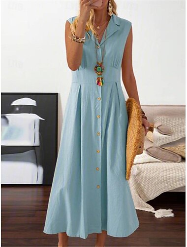  Dames Zwart Wit Geel Zomer Lente Maxi-jurk Witte jurk Shirtjurk Casual Dagelijks Ruim Passend Effen Overhemdkraag