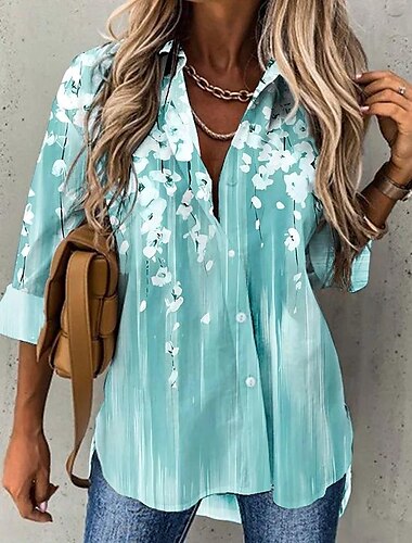  chemise en mousseline de soie pour femme, imprimé floral dégradé léger, décontracté, boutonné, manches longues, col à revers, chemisier respirant, coupe décontractée, plusieurs tailles