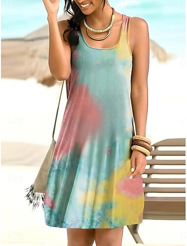  Zomerjurk voor dames Mini Jurk Petite Jurk Zomerse Jurk Tropical Hawaiiaanse Vakantie Strand Lose Fit Tie Dye Mouwloos Ronde Hals Groen Zomer