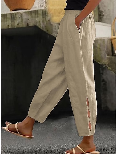  Damen Freizeithose elastischer Bund Hellblau verkürzt weites Bein mit seitlichen Cut-Outs Sommer Frühling luftige Strandmode entspannte Passform