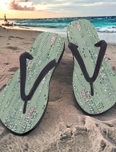  Femme Chaussons Tongs Imprimer des chaussures Tongs Pantoufles de plage du quotidien Vacances Voyage Floral Talon Plat Vacances Mode Décontractées EVA Vert