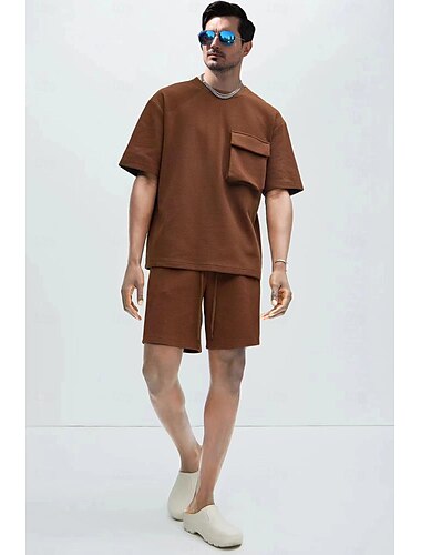  Herren Zweiteilig T-Shirt Anzüge Shorts und T-Shirt-Set Kurzarm Kurze Ärmel Rundhalsausschnitt Sommer Einfarbig Gymnastik Lässig Tasche 2 teilig Urlaub Alltagskleidung Sportkleidung Schwarz Weiß Braun