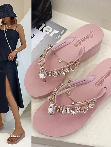  tongs compensées ornées de strass roses pour femmes - sandales de plage élégantes pour l'été et les tenues décontractées