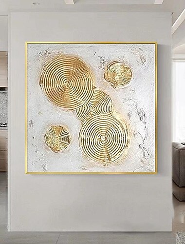  pintura al óleo pintada a mano arte de pared boho pintura circular dorada sobre lienzo pintura abstracta plateada textura de hoja de oro original pintura artística arte de pared grande pintura para