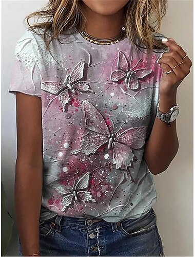  Damen T Shirt Schmetterling Modisch Modern Kurzarm Rundhalsausschnitt Normale Oberteile Täglich Bedruckt Gelb Rosa Blau Himmelblau Sommer