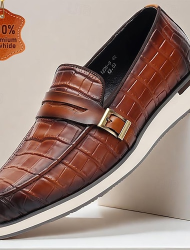  loafers för män läder svart brunt krokodilmönster metallspänne