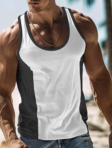  Herren Tank Top Weste Ärmelloses Shirt Gym-Muskel-T-Shirt Ärmellos Rundhalsausschnitt Sommer Farbblock Mode Designer Muskel Patchwork Outdoor Ausgehen Fitnessstudio Weiß Blau Orange Top T-Shirt für