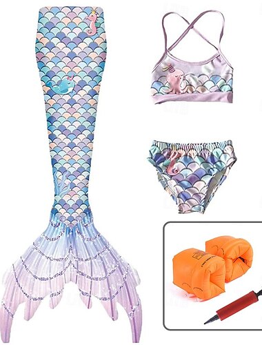  Dreiteiliger Badeanzug für Kinder mit Meerjungfrauen-Motiv, für den Außenbereich, mit Monoflosse, 2–12 Jahre, Frühling, mit Armschwimmer&amp;Pumpe