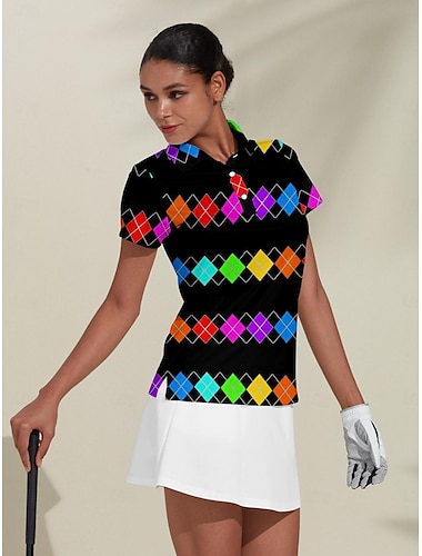  女性用 ポロシャツ ブラック 半袖 日焼け防止 トップス チェック レディース ゴルフウェア ウェア アウトフィット ウェア アパレル