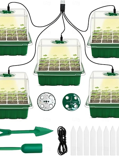  1 قطعة/5 قطعة LED تنمو أضواء البذور بداية صينية مع تنمو ضوء النبات بداية صينية الشتلات بداية عدة مع قاعدة الرطوبة القباب داخلي الدفيئة محطة نشر صغيرة لبدء زراعة البذور