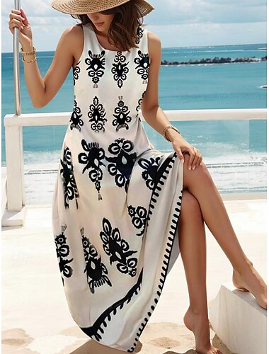  Dames Maxi-jurk Zomerjurk Shift Jurk Zomer Jurk Bohemia Hawaïaanse Vakantie Feest Casual Loose Fit Geometrisch Korte Mouwen Crew Neck Khaki Zomer