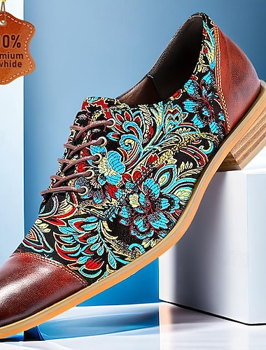  Chaussures habillées pour hommes rouge marron broderie florale cuir italien peau de vache pleine fleur oxfords antidérapant à lacets