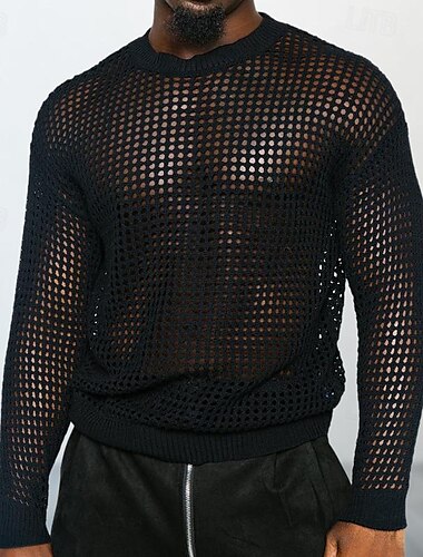  Masculino Pulôver suéter Pulôver Robusto Tricotar Buraco Cor Sólida / Simples Decorado com Bijuteria Roupa Primavera Verão Preto M L XL
