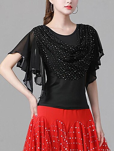  Latinamerikansk dans Tiodans Topp Krusad Ren Färg Tvinning Dam Prestanda Träning Kortärmad Hög Polyester