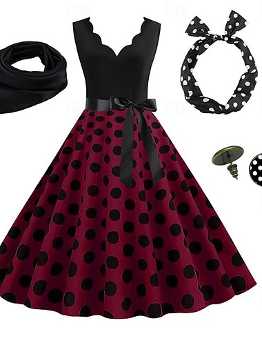 Vestido rockabilly de línea A para mujer, vestido de lunares, vestido acampanado con accesorios, conjunto retro vintage de los años 50 y 60 con diadema, bufanda, pendientes, gafas de ojo de gato, 5