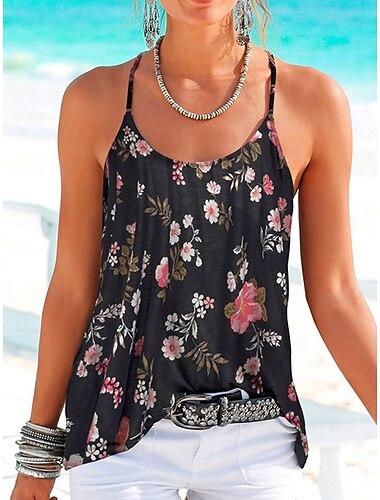  Γυναικείο αμάνικο τοπ καμισόλα χαλαρό λουλουδάτο εκτύπωση αμάνικο κανονικό τοπ ου λαιμό διακοπές μαύρο καλοκαίρι