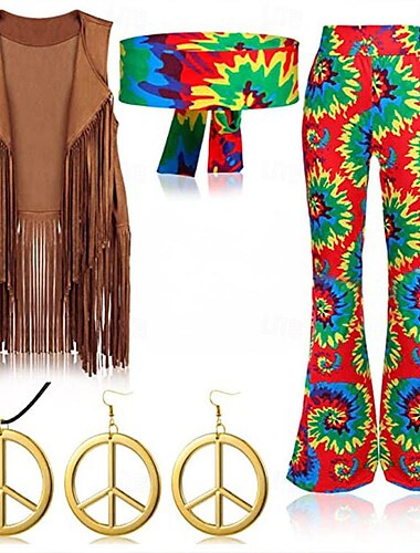  Retro Vintage 1960er Hippie Hose Stirnband Wildlederweste Stirnbänder Ohrringe Ärmellos Hippie Geometrisch Damen Halloween Karneval Maskerade Party / Abend Pride Parade Pride-Monat Erwachsene Weste