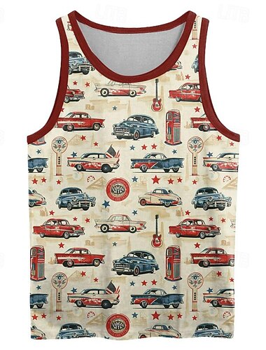  Herren Fahrzeug T Shirt Shirt Ärmellos T-Shirt 3D-Druck Rundhalsausschnitt Hemd Urlaub Retro Vintage Strasse Täglich Festtage Rote Blau Khaki Sommer Frühling Bekleidung S M L XL XXL XXXL