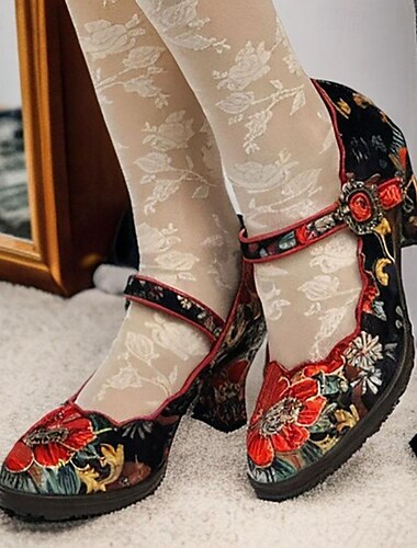  Damen-Mary-Jane-Pumps mit Vintage-Blumenmuster – Premium-Rindslederschuhe mit Blockabsatz für Retro-Stil und Freizeitkleidung