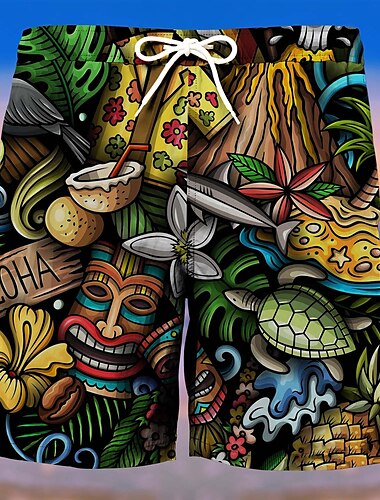  Herren Baum Maske Indische Kultur Badehosen Badeshorts Boardshorts Mittlere Taille Mode Streetwear Designer Lässig Täglich Ferien Tasche Kordelzug Elastischer Bund Designer Bekleidung