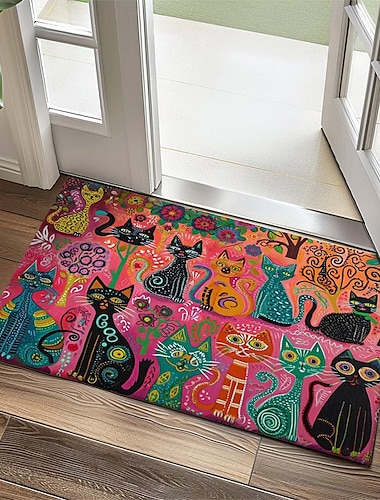  Folk Art Katzen Fußmatte Küchenmatte Bodenmatte rutschfester Teppich Ölfester Teppich Indoor Outdoor Matte Schlafzimmer Dekor Badezimmermatte Eingangsbereich Teppich