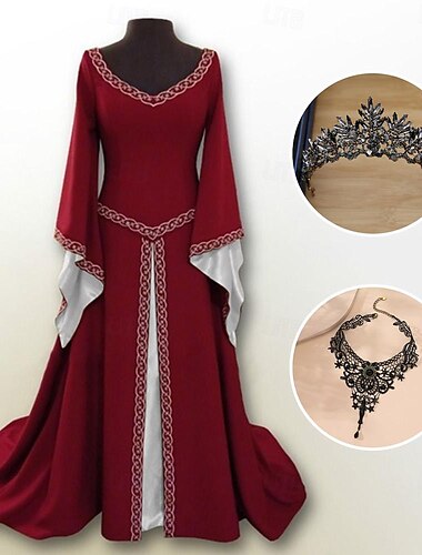  Mittelalterlich Renaissance Cocktailkleid Abschlussballkleid Ren Faire Wikinger Outlander Elfen Damen Keltisch Fantasie Halloween Karneval Maskerade Party Festival Erwachsene 1 Halskette Kleid